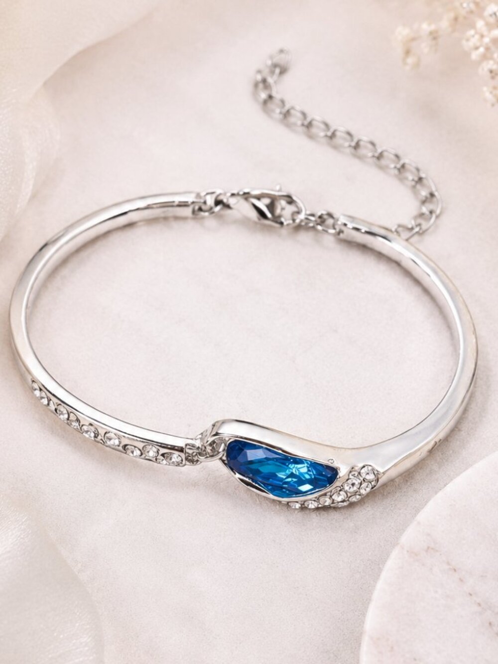 Silver Tone Blue Crystal Rhinestone Bangle Bracelet Adjustable Fit